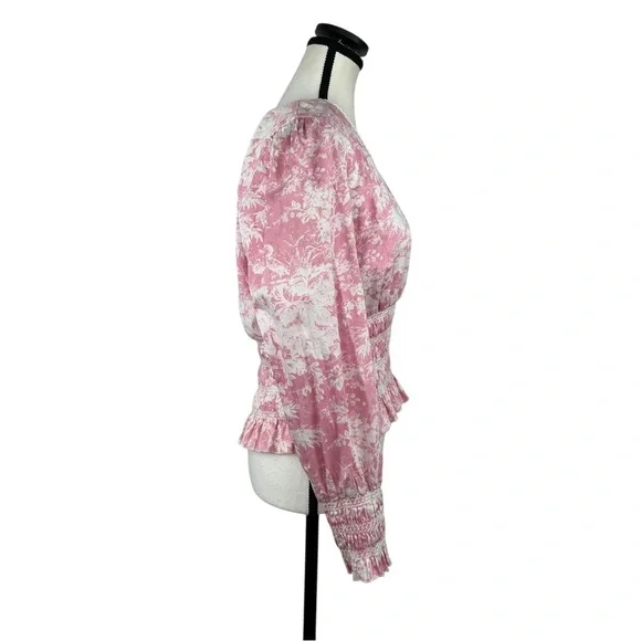 WAYF Pink Toile Print Smocked Peplum Blouse L Long Sleeve Wrap Cottagecore - Picture 3 of 10